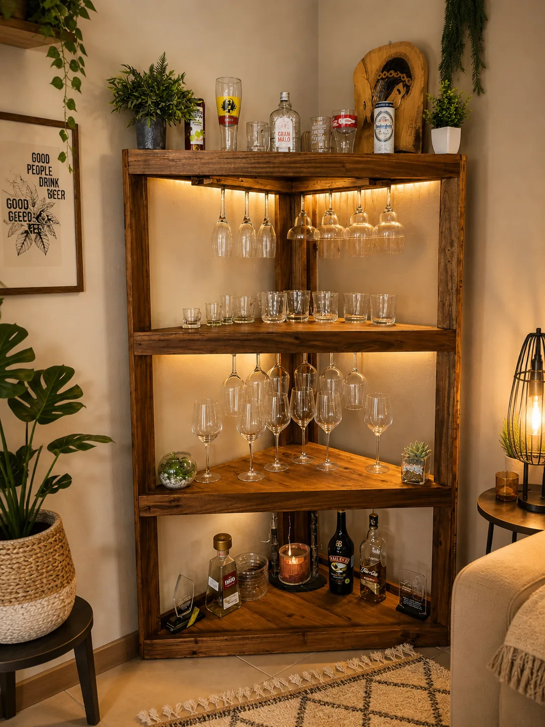 Mini bar esquinero, en madera de laurel